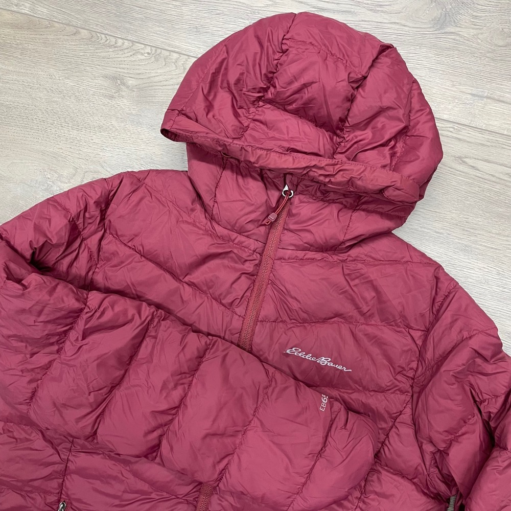 Eddie Bauer Puffer Jacket Womens M Burgundy EB650 Hooded Down ELJ0707S